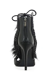 AZALEA WANG Women's Shainy Black Faux Fur Gladiator Sandal Booties