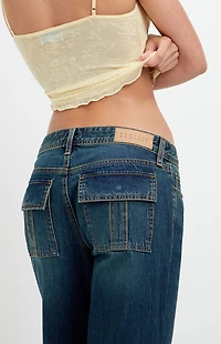 Pacsun Zoe Low Rise Girlfriend Jeans Flap Pocket Dark Blue