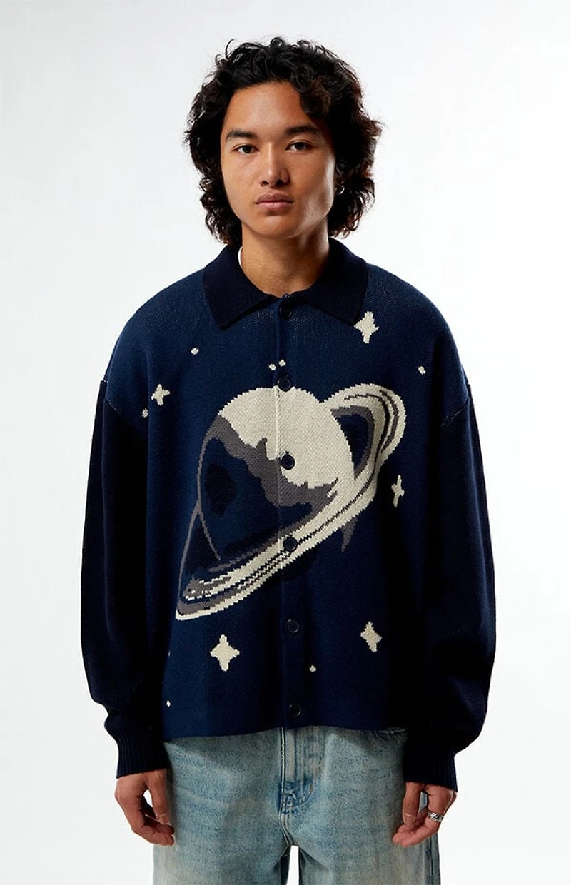 Pacsun Navy Space Button-Up Polo Cardigan