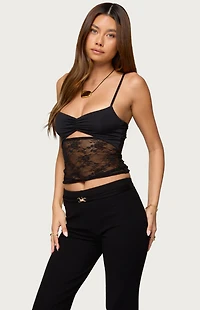Edikted Damarie Cutout Ruched Sheer Lace Top