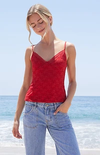John Galt Red Amara Lace Tank Top