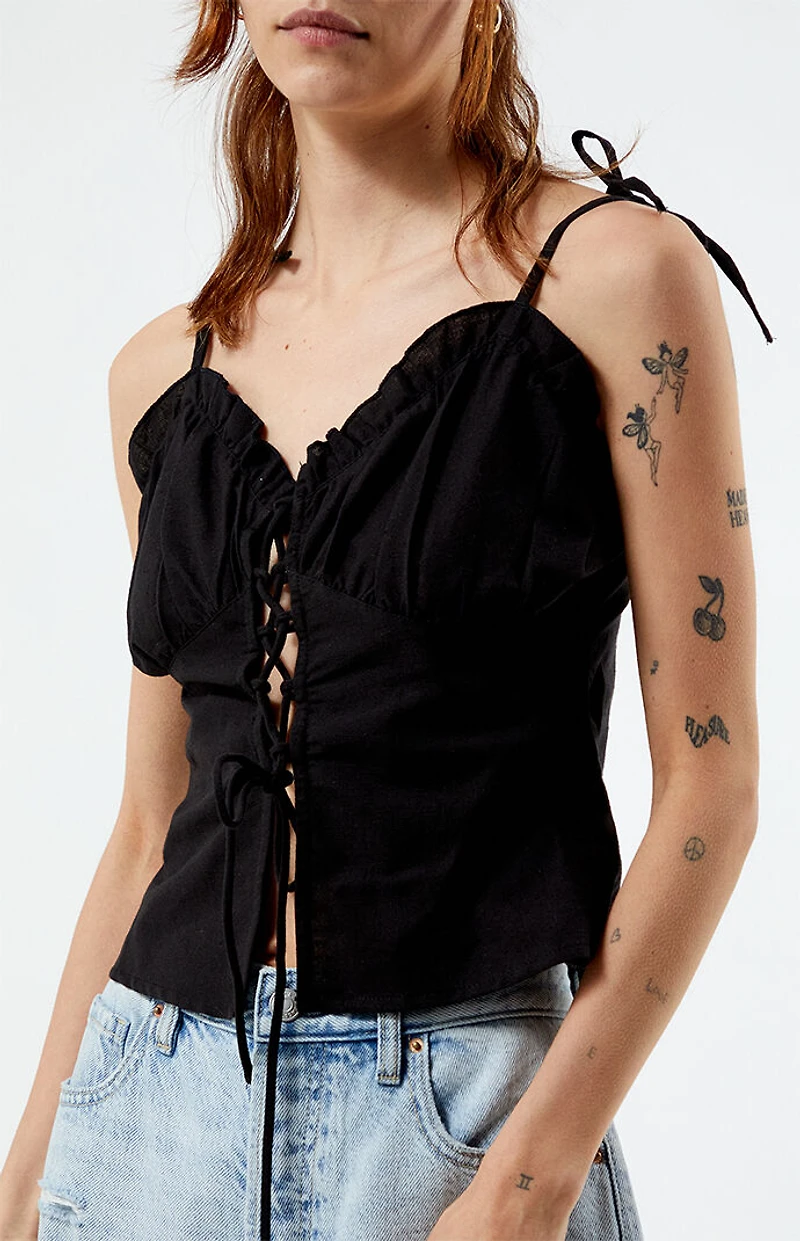 Daisy Street Linen Lace Up Ruched Top