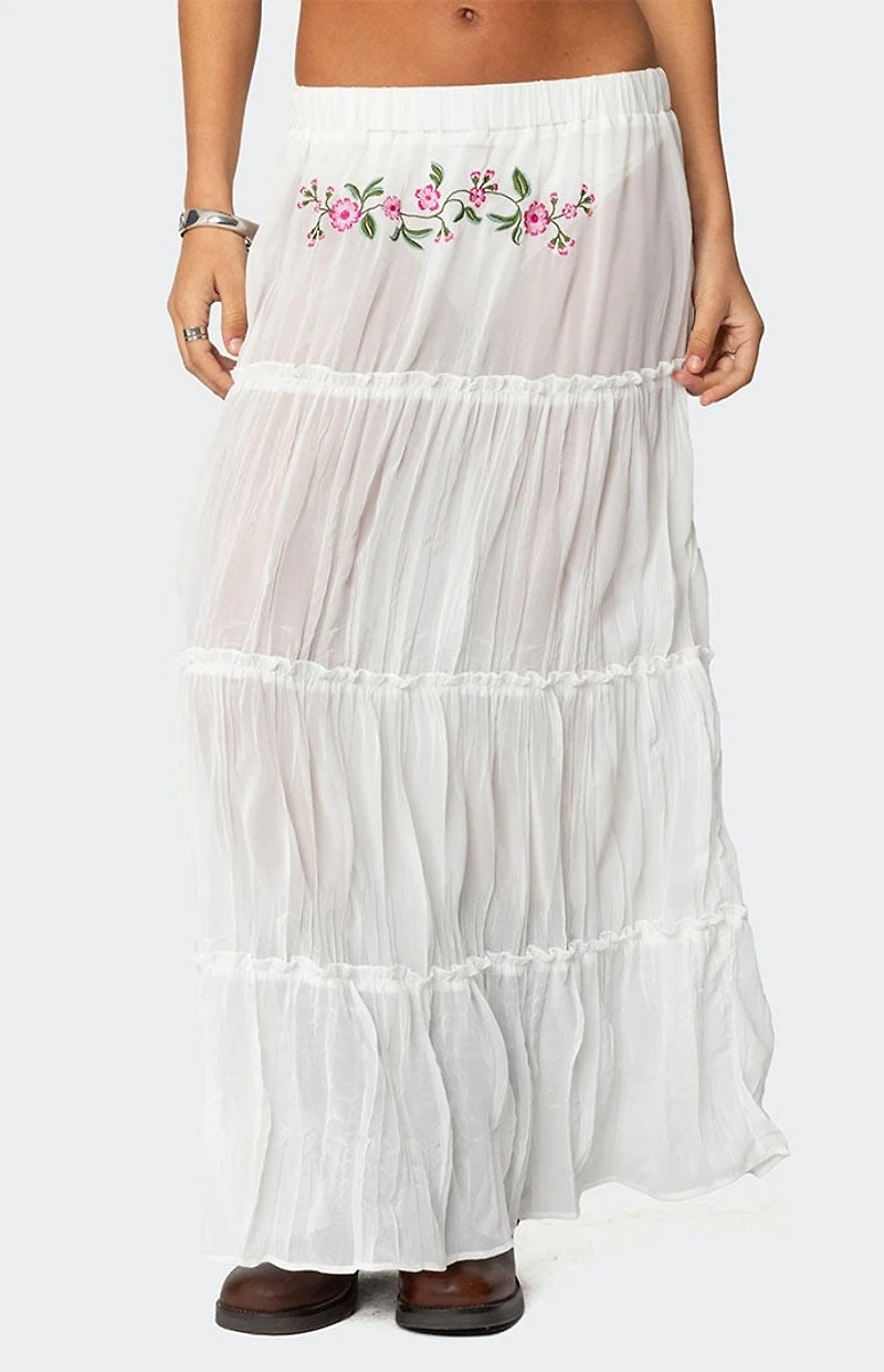 Edikted Tai Embroidered Tiered Maxi Skirt