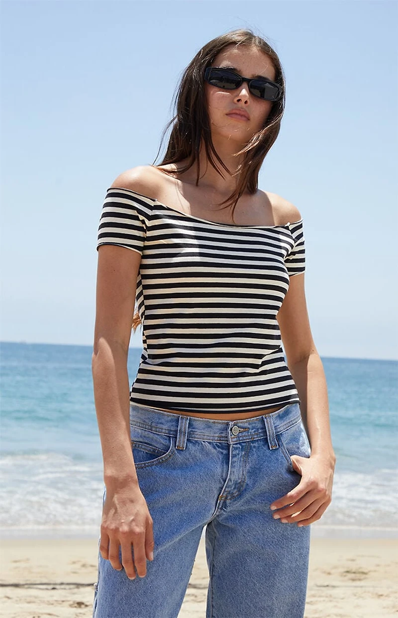 John Galt Black & White Striped Bonnie Off-The-Shoulder Crop Top