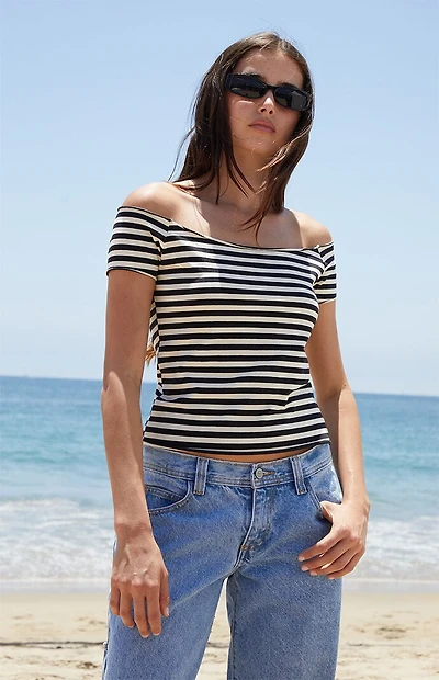 John Galt Black & White Striped Bonnie Off-The-Shoulder Crop Top
