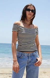 John Galt Black & White Striped Bonnie Off-The-Shoulder Crop Top