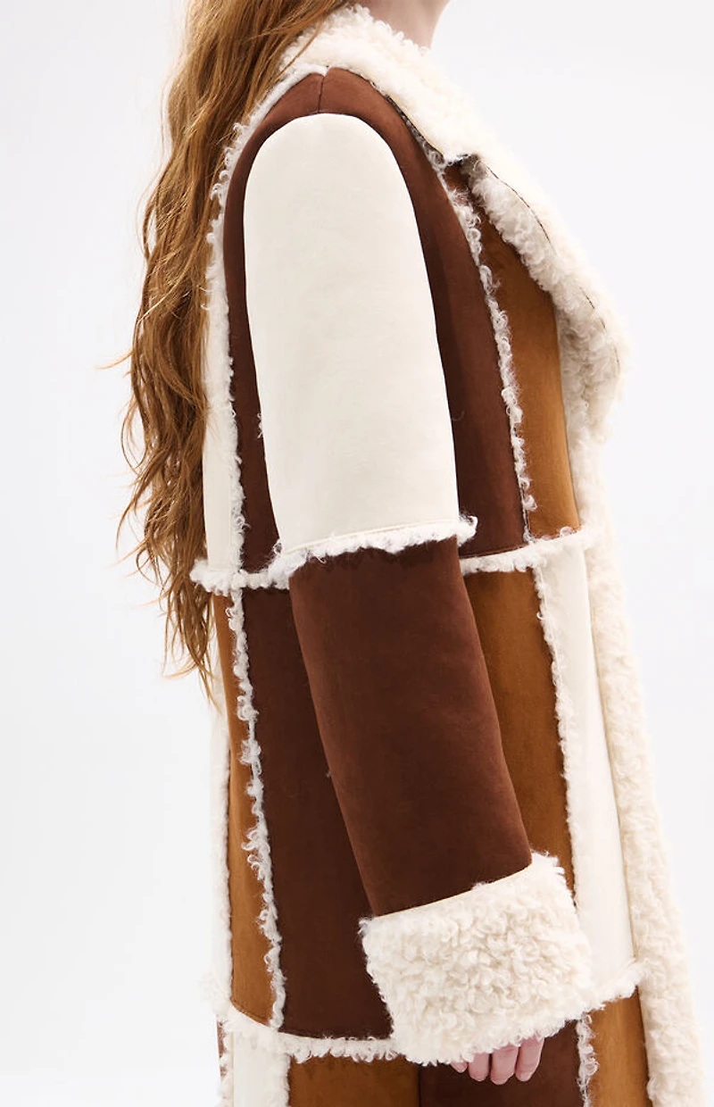 AZALEA WANG Telluride Tan Faux Fur Patchwork Shearling Coat