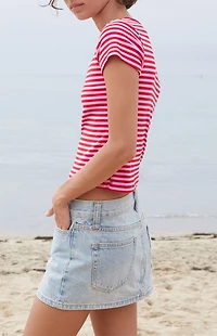 John Galt Red Hailie Striped Short Sleeve Crop Top
