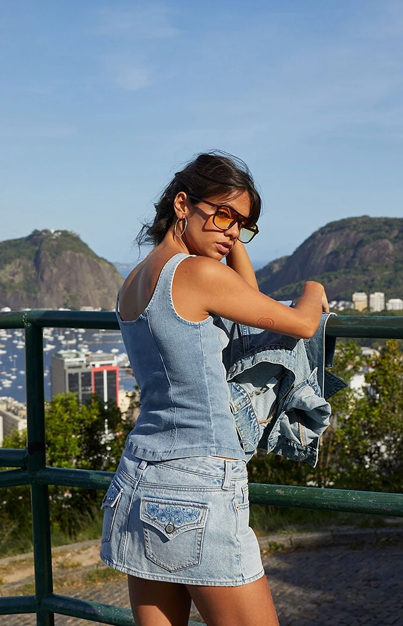 Pacsun Piper Floral Embroidered Rhinestone Denim Micro Mini Skirt