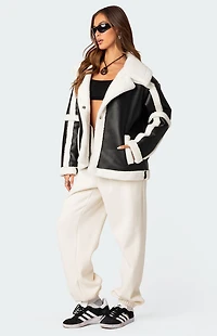 Edikted Rocki Oversized Faux Leather Shearling Jacket