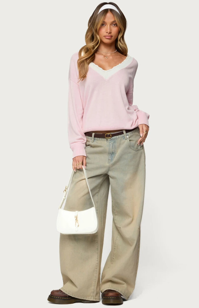 Edikted Marie Contrast Lacey V Neck Sweater
