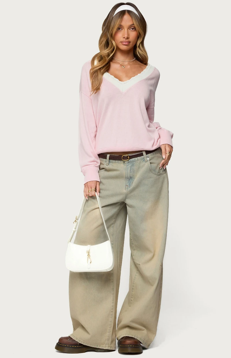 Edikted Marie Contrast Lacey V Neck Sweater