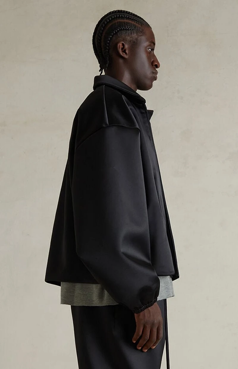 Fear of God ESSENTIALS Jet Black Bonded Satin Zip Up Bomber Jacket