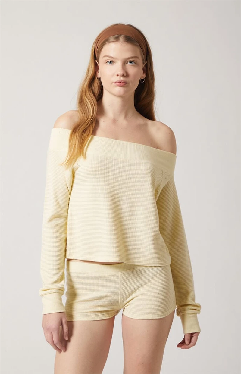 PAC 1980 Active Aspen Waffle Knit Off-The-Shoulder Sweatshirt