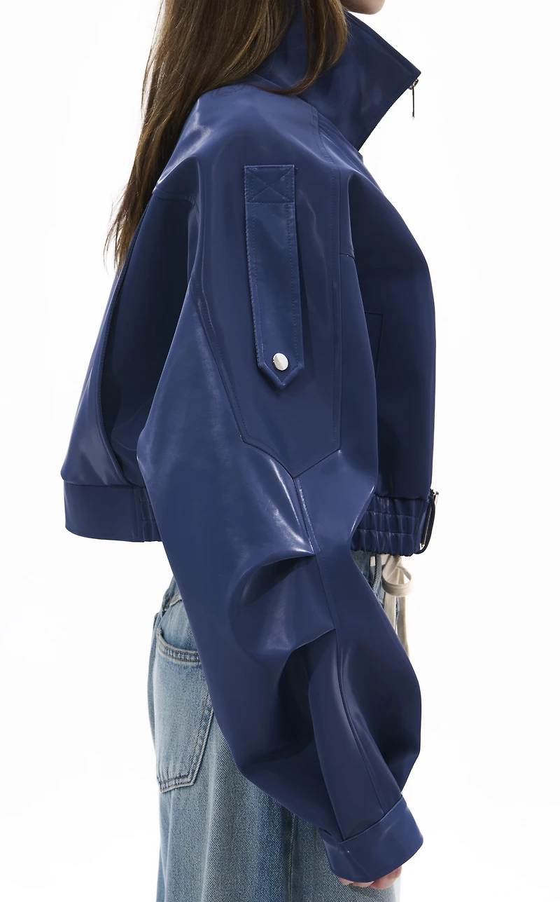 AZALEA WANG Babz Blue Liquid Luxe Faux Leather Moto Jacket