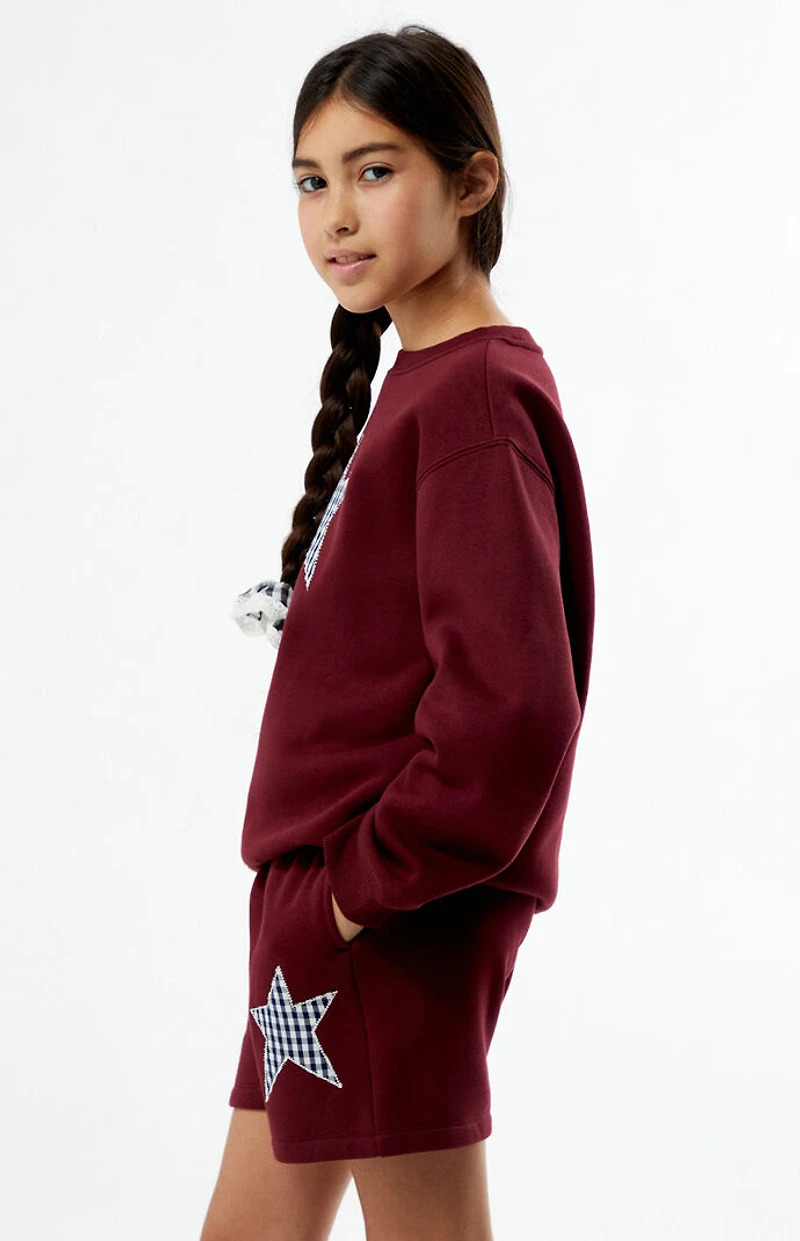 Pacsun Kids Maroon Plaid Star Embroidered Sweat Shorts