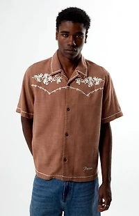 Pacsun Tan Western Embroidered Oversized Resort Camp Shirt