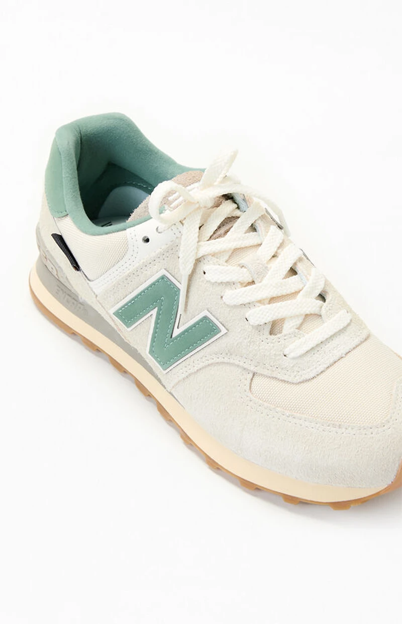 New Balance White & Green 574 Sneakers