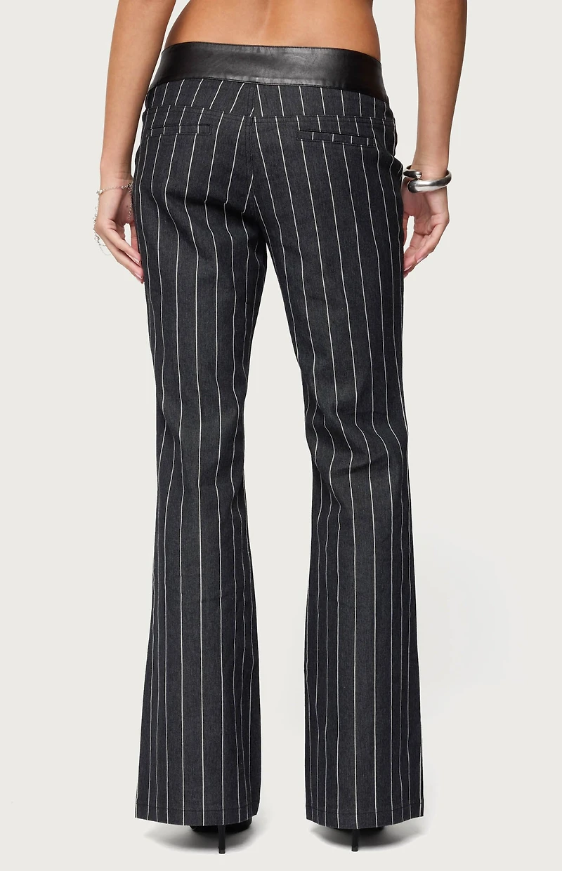 Edikted Pinstripe & Faux Leather Low Rise Flared Jeans