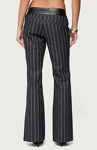 Edikted Pinstripe & Faux Leather Low Rise Flared Jeans