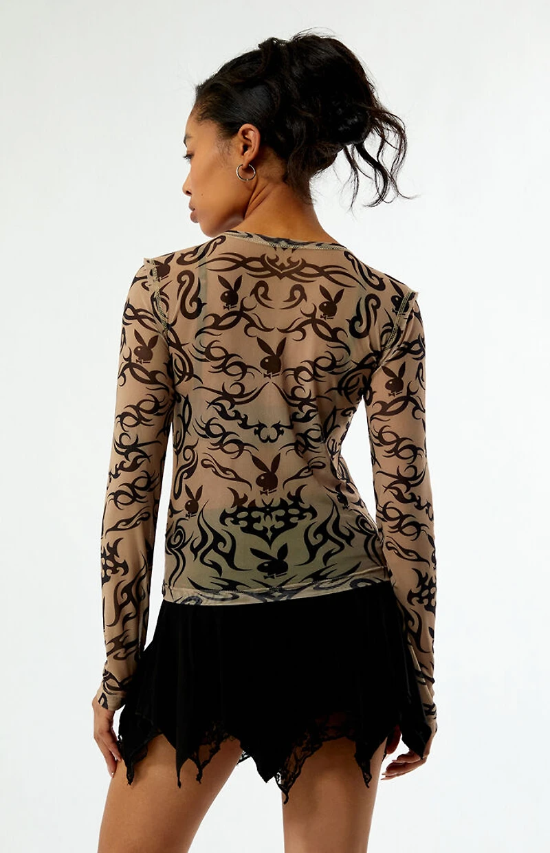 Playboy By PacSun Tattoo Print Mesh Long Sleeve Top