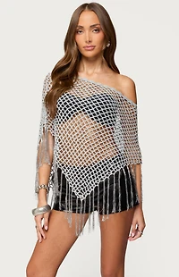 Edikted Evette Fringe Open Knit Metallic Poncho