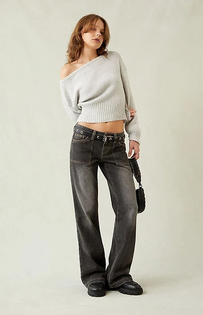 Pacsun Charlie Low Rise Baggy Bootcut Jeans Button Pocket Faded Black