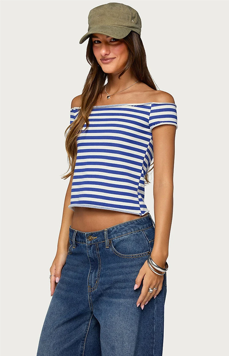 Edikted French Terry Striped Off Shoulder Top
