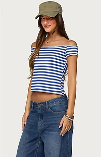 Edikted French Terry Striped Off Shoulder Top