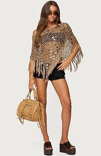 Edikted Fringe Sequin Crochet Poncho