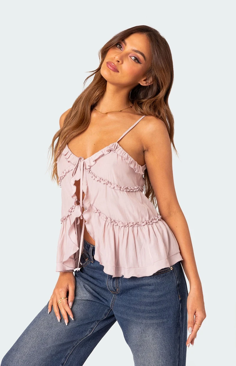 Edikted Juniper Tie Front Ruffled Top