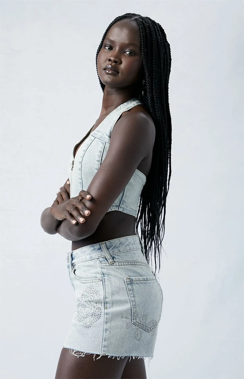 Pacsun Eco Light Indigo Studded High Waisted Denim Festival Shorts