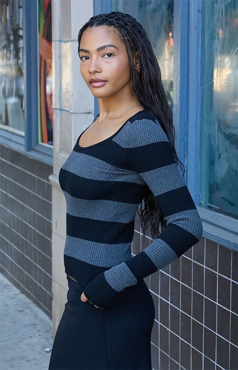 John Galt Black and Gray Zelly Striped Ribbed Long Sleeve Top
