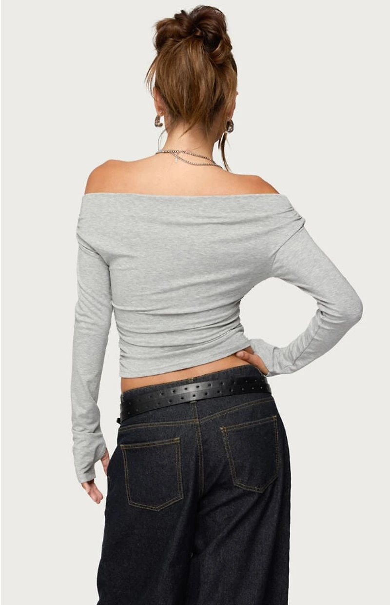 Edikted Milane Ruched Off Shoulder Ribbed Top