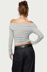 Edikted Milane Ruched Off Shoulder Ribbed Top