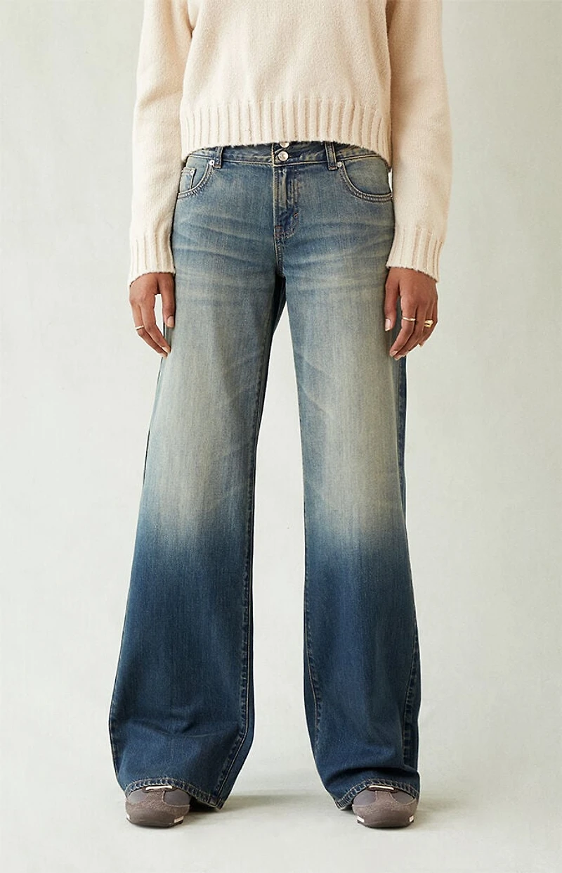 Pacsun Casey Low Rise Baggy Jeans Button Pocket Dark Blue Tinted