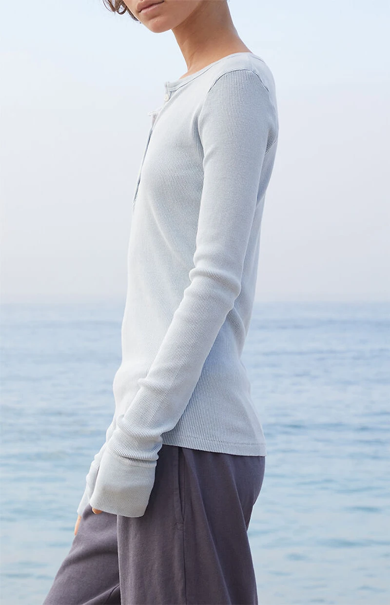 John Galt Light Blue Ribbed Button Long Sleeve Top