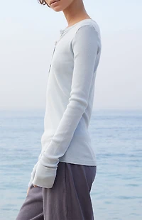 John Galt Light Blue Ribbed Button Long Sleeve Top