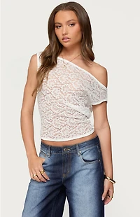Edikted Kessa Sheer Lace Off Shoulder Top