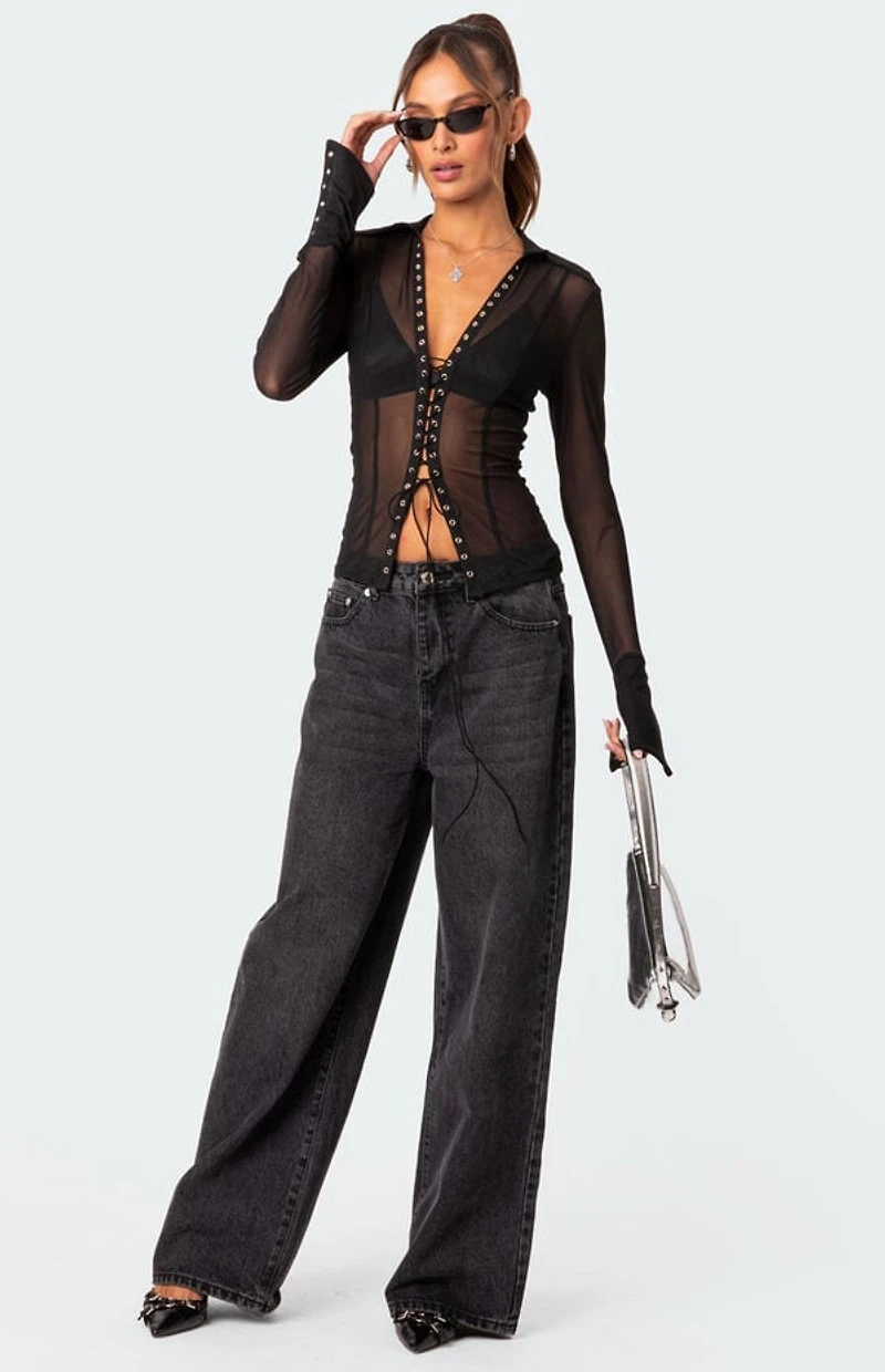 Edikted Lace Up Sheer Mesh Top