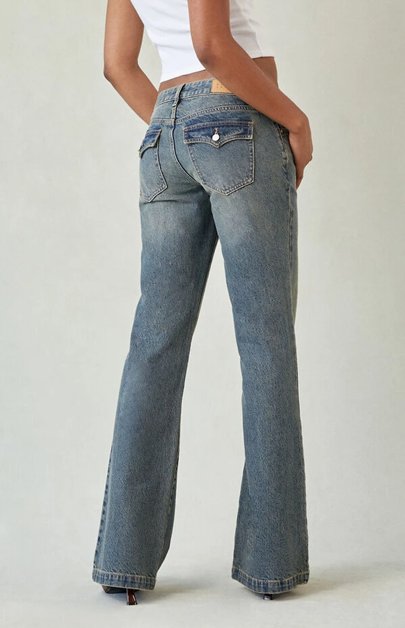 Pacsun Jade Low Rise Bootcut Jeans Button Pocket Dark Blue
