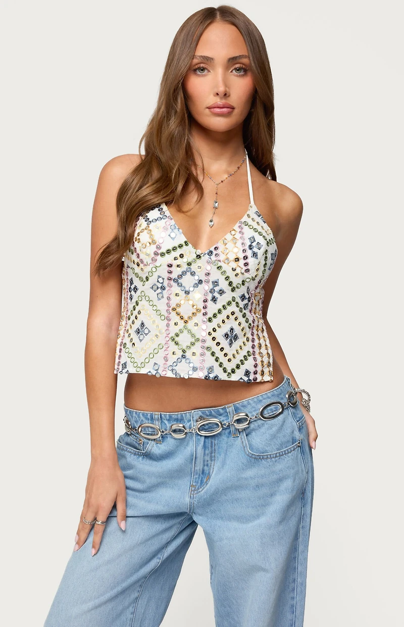 Edikted Embroidered Sequin Backless Top