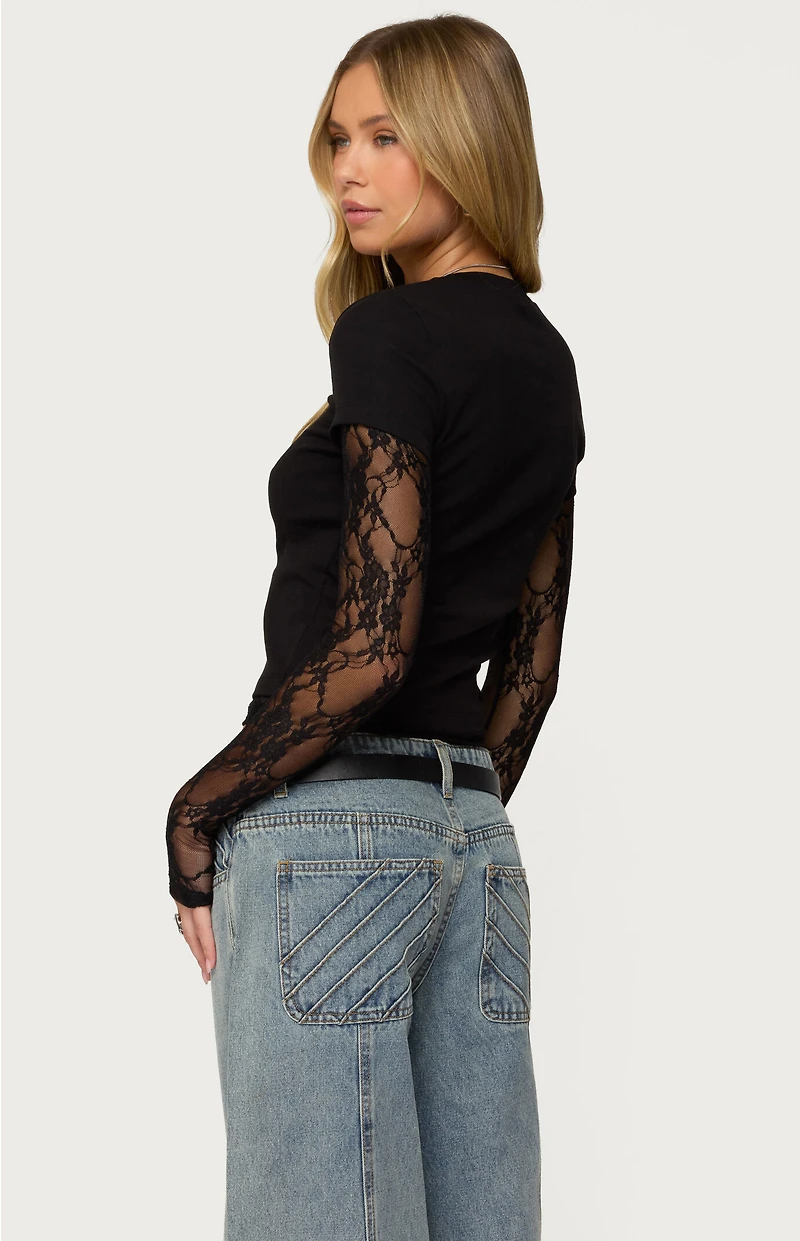 Edikted Layered Lace Sleeve T-Shirt