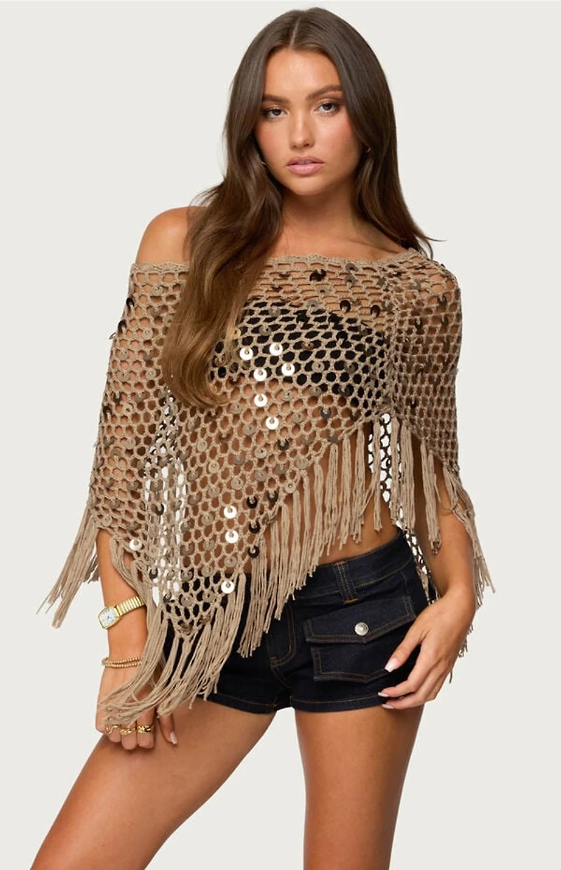 Edikted Fringe Sequin Crochet Poncho
