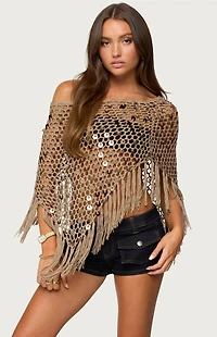 Edikted Fringe Sequin Crochet Poncho