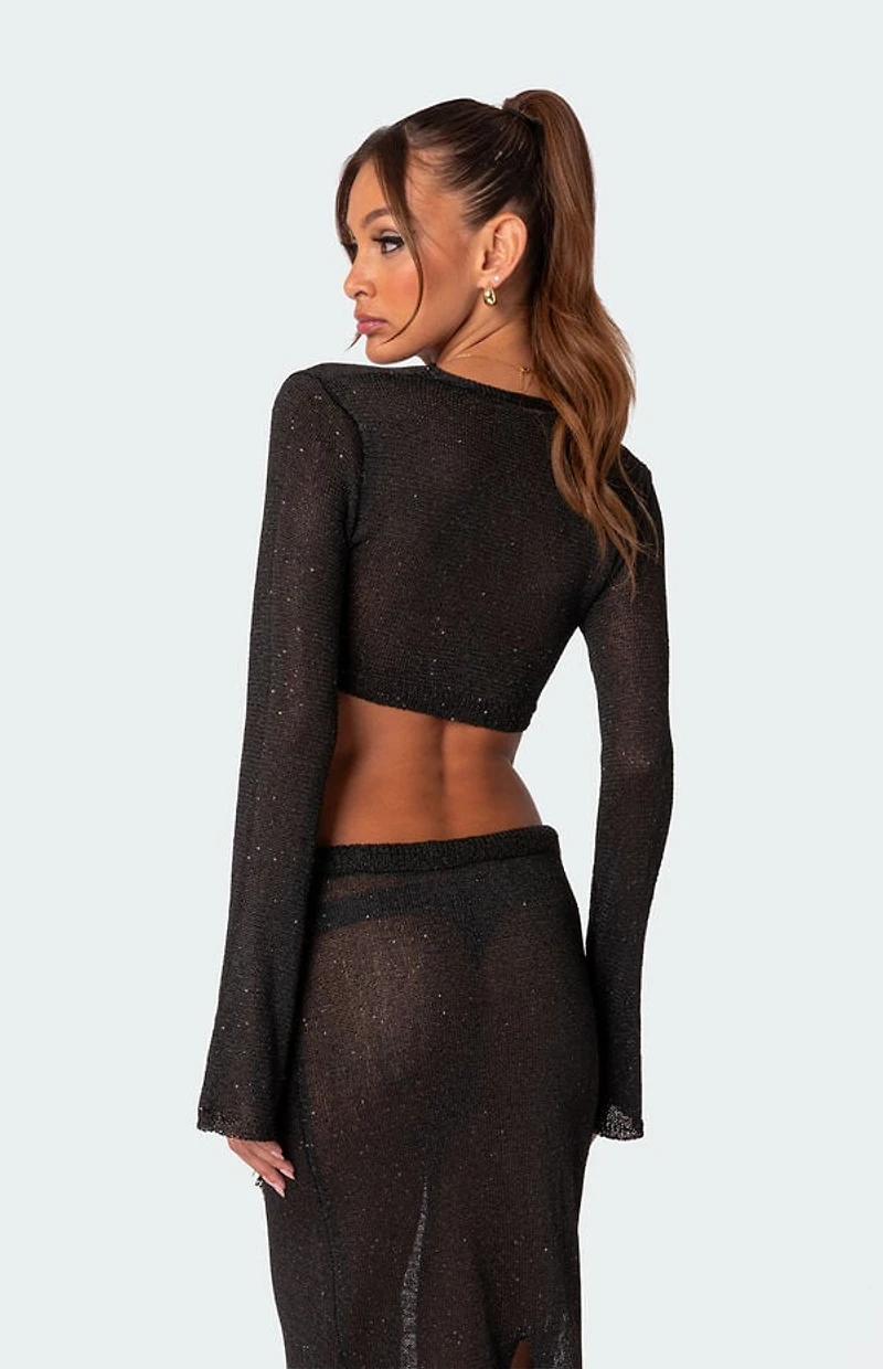 Edikted Micro Sequin Tie Front Knit Crop Top