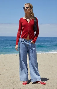 John Galt Red Athelia Pointelle Cardigan