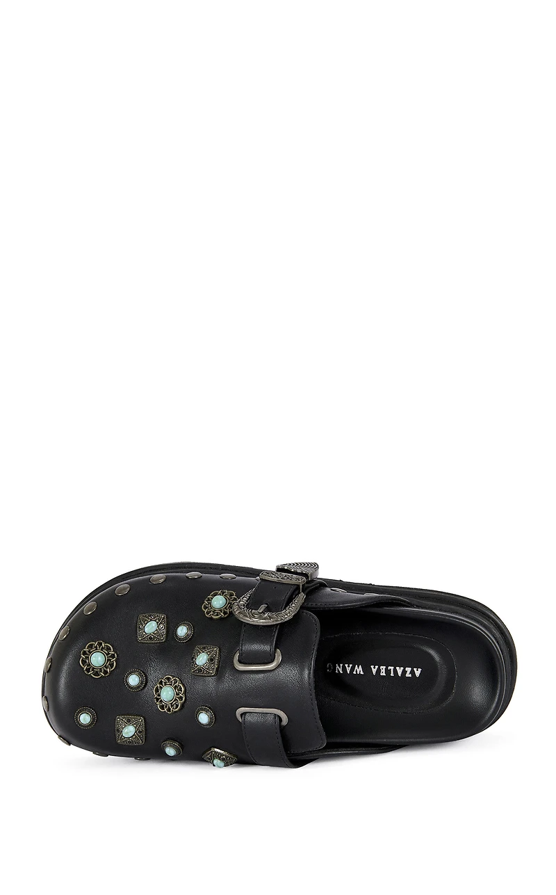 AZALEA WANG Women's Mavis Faux Leather Black Western Flatform Mules