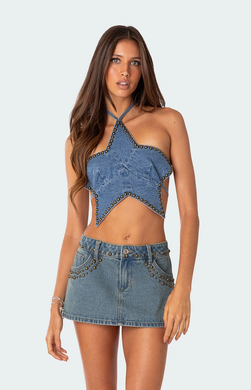 Edikted Starlet Studded Denim Crop Top