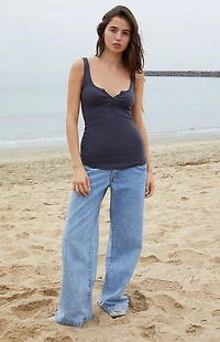 John Galt Blue Beyonca Button Tank Top